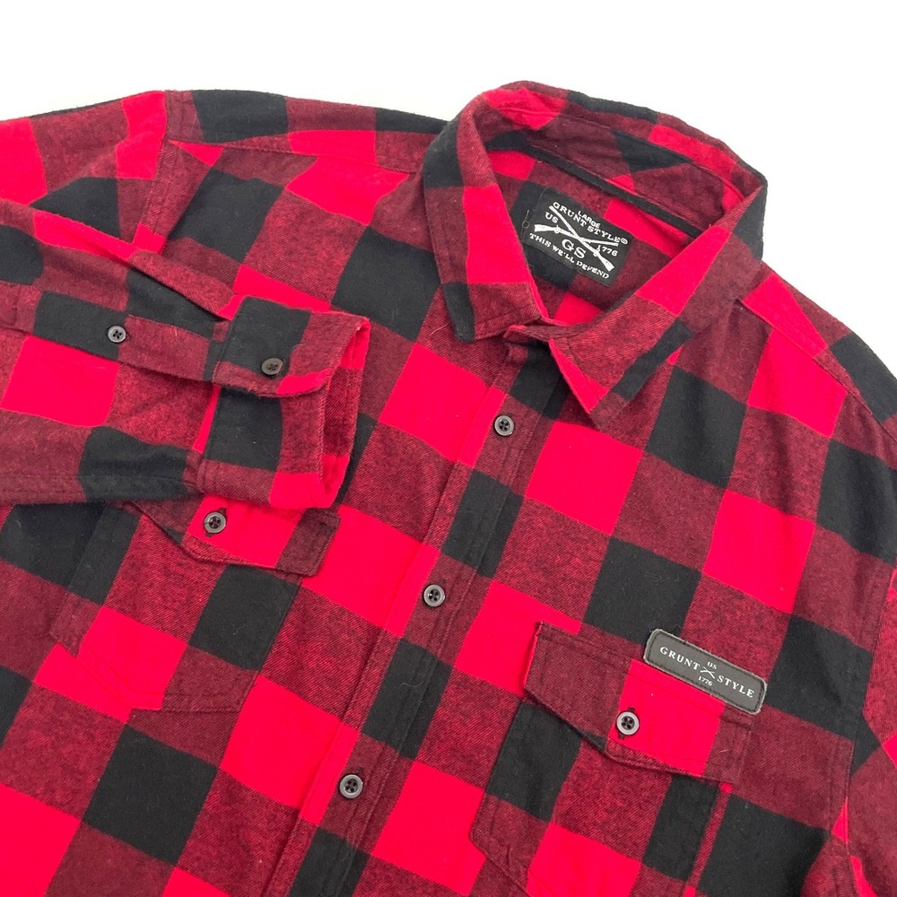 Grunt Style Flannel Shirt Mens Large Red Black Buffalo Plaid GS3561 Long Sleeve